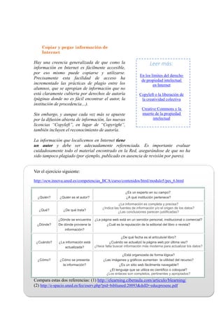 Máser Oficial LAS TIC EN EDUCACION:
Análisis y Diseño de Procesos, Recurso y Prácticas Formativas
Dra. María José Hernández Serrano.
B.I.R. Febrero 20134
3
Copiar y pegar información de
Internet
Hay una creencia generalizada de que como la
información en Internet es fácilmente accesible,
por eso mismo puede copiarse y utilizarse.
Precisamente esta facilidad de acceso ha
incrementado las prácticas de plagio entre los
alumnos, que se apropian de información que no
está claramente cubierta por derechos de autoría
(páginas donde no es fácil encontrar el autor, la
institución de procedencia…).
Sin embargo, y aunque cada vez más se apueste
por la difusión abierta de información, las nuevas
licencias “Copyleft”, en lugar de “Copyright”,
también incluyen el reconocimiento de autoría.
La información que localicemos en Internet tiene
un autor y debe ser adecuadamente referenciada. Es importante evaluar
cuidadosamente todo el material encontrado en la Red, asegurándose de que no ha
sido tampoco plagiado (por ejemplo, publicado en ausencia de revisión por pares).
Ver el ejercicio siguiente:
http://ocw.innova.uned.es/competencias_BCA/curso/contenidos/html/modulo5/pes_6.html
¿Quién? ¿Quién es el autor?
¿Es un experto en su campo?
¿A qué institución pertenece?
¿Qué? ¿De qué trata?
¿La información es completa y precisa?
¿Indica las fuentes de información y/o el origen de los datos?
¿Las conclusiones parecen justificadas?
¿Dónde?
¿Dónde se encuentra
De dónde proviene la
información?
¿La página web está en un servidor personal, institucional o comercial?
¿Cuál es la reputación de la editorial del libro o revista?
¿Cuándo? ¿La información está
actualizada?
¿De qué fecha es el artículo/el libro?
¿Cuándo se actualizó la página web por última vez?
¿Hace falta buscar información más moderna para actualizar los datos?
¿Cómo? ¿Cómo se presenta
la información?
¿Está organizada de forma lógica?
¿Las imágenes y gráficos aumentan la utilidad del recurso?
¿Es un sitio web fácilmente navegable?
¿El lenguaje que se utiliza es científico o coloquial?
¿Los enlaces son completos, pertinentes y apropiados?
Compara estas dos referencias: (1) http://elearning.ciberaula.com/articulo/blearning/
(2) http://e-spacio.uned.es/fez/eserv.php?pid=bibliuned:20093&dsID=educpresenc.pdf
Leer más:
En los límites del derecho
de propiedad intelectual
en Internet
Copyleft o la liberación de
la creatividad colectiva
Creative Commons y la
muerte de la propiedad
intelectual
 