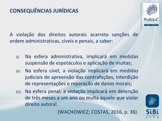 CONSEQUÊNCIAS JURÍDICAS
A violação dos direitos autorais acarreta sanções de
ordem administrativas, cíveis e penais, a saber:
(i) Na esfera administrativa, implicará em medidas
suspensão de espetáculos e aplicação de multas;
(ii) Na esfera cível, a violação implicará em medidas
judiciais de apreensão das contrafações, interdição
de representações e reparação de danos morais;
(iii) Na esfera penal, a violação implicará em detenção
de três meses a um ano ou multa àquele que violar
direito autoral.
(WACHOWICZ; COSTAS, 2016, p. 36).
 