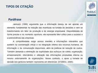 Paráfrase
TIPOS DE CITAÇÃO
 
