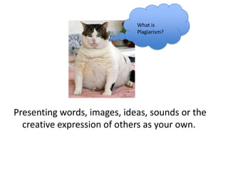 Presenting words, images, ideas, sounds or the
creative expression of others as your own.
What is
Plagiarism?
 