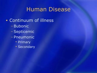 Human Disease
•   Continuum of illness
    − Bubonic
    − Septicemic
    − Pneumonic
         Primary
         Secondary
 