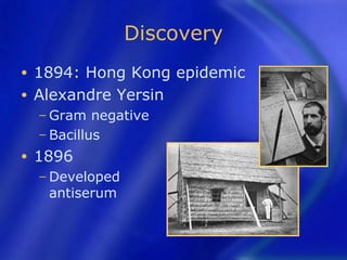 Discovery
• 1894: Hong Kong epidemic
• Alexandre Yersin
    − Gram   negative
    − Bacillus

•   1896
    − Developed
     antiserum
 