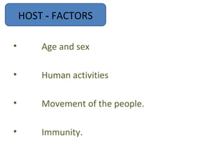 HOST - FACTORS

•       Age and sex

•       Human activities

•       Movement of the people.

•       Immunity.
 