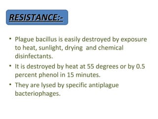 RESISTANCE:-

• Plague bacillus is easily destroyed by exposure
  to heat, sunlight, drying and chemical
  disinfectants.
• It is destroyed by heat at 55 degrees or by 0.5
  percent phenol in 15 minutes.
• They are lysed by specific antiplague
  bacteriophages.
 
