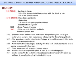 ROLE OF VECTORS AND ANIMAL RESORVOIR IN TRANSMISSION OF PLAGUE
HISTORY
540-750 AD: Justinian’s plague
50% - 60% people died of Rome along with the death of rats
Fall of the Roman Empire
1346-1400 AD: Black Death pandemic
Quarantine
~30 million European population died
Fall of the feudal system
1660 : Great Plague of London
1865 : Third epidemic in China and India
12 million people died
1894 : Alexandre Yersin and Shibasaburo Kitasato independently find the plague
bacterium in samples from humans and rats during the Hong Kong epidemic
1895 : Wild rodents are confirmed as hosts of plague when wild marmots in Mongolia
and Russia are found infected.
1896 : Waldemar Haffkine develops a partially effective heat-killed vaccine and uses it
during an outbreak in Bombay.
1897 : Yersin proposes a link between rats and plague
1905 : William Glenn Liston provides proof of fleas as the vector of plague.
1914 : Charles James Martin and William Bacot describe transmission of Y. pestis by
rat fleas, Xenopsylla cheopis, with blocked foreguts.