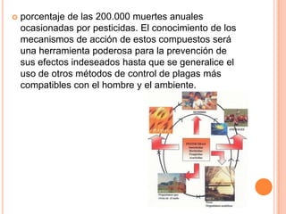 porcentaje de las 200.000 muertes anuales ocasionadas por pesticidas. El conocimiento de los mecanismos de acción de estos compuestos será una herramienta poderosa para la prevención de sus efectos indeseados hasta que se generalice el uso de otros métodos de control de plagas más compatibles con el hombre y el ambiente. 