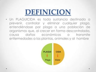 DEFINICION
• Un PLAGUICIDA es toda sustancia destinada a
  prevenir, controlar y eliminar cualquier plaga,
  entendiéndose por plaga a una población de
  organismos que, al crecer en forma descontrolada,
  causa     daños     económicos     o      transmite
  enfermedades a las plantas, animales y al hombre
 