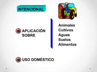 INTENCIONAL



                 Animales
 APLICACIÓN      Cultivos
 SOBRE           Aguas
                 Suelos
                 Alimentos



 USO DOMÉSTICO
 