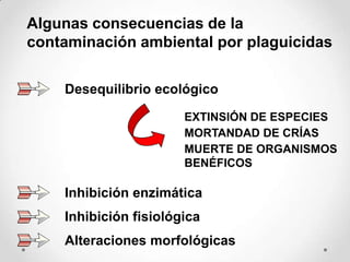 Algunas consecuencias de la
contaminación ambiental por plaguicidas

    Desequilibrio ecológico

                       EXTINSIÓN DE ESPECIES
                       MORTANDAD DE CRÍAS
                       MUERTE DE ORGANISMOS
                       BENÉFICOS

    Inhibición enzimática
    Inhibición fisiológica
    Alteraciones morfológicas
 