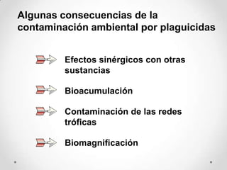 Algunas consecuencias de la
contaminación ambiental por plaguicidas


         Efectos sinérgicos con otras
         sustancias

         Bioacumulación

         Contaminación de las redes
         tróficas

         Biomagnificación
 