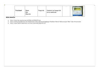 -

Triciclazol

Beam
Bim
Blascide

Fungicida

Combate los hongos del
arroz sembrado

WEB GRAFÍA:
http://www.fao.org/docrep/w2598s/w2598s09.htm
http://www.grupoplumas.net/lasplumas/index.php?mod=66&pag=7&nfilas=4&vez=3&buscarpor=8&c=1&sc=#contenido
http://www.bayercropscience-ca.com/contenido.php?id=237

 