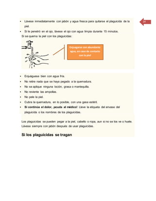 14 Lávese inmediatamente con jabón y agua fresca para quitarse el plaguicida de la
piel.
 Si le penetró en el ojo, lávese el ojo con agua limpia durante 15 minutos.
Si se quema la piel con los plaguicidas:
 Enjuáguese bien con agua fría.
 No retire nada que se haya pegado a la quemadura.
 No se aplique ninguna loción, grasa o mantequilla.
 No reviente las ampollas.
 No pele la piel.
 Cubra la quemadura, en lo posible, con una gasa estéril.
 Si continúa el dolor, ¡acuda al médico! Lleve la etiqueta del envase del
plaguicida o los nombres de los plaguicidas.
Los plaguicidas se pueden pegar a la piel, cabello o ropa, aun si no se los ve o huele.
Lávese siempre con jabón después de usar plaguicidas.
Si los plaguicidas se tragan
Enjuagarse con abundante
agua, en caso de contacto
con la piel
 