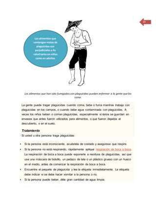 15
Los alimentos que han sido fumigados con plaguicidas pueden enfermar a la gente que los
come.
La gente puede tragar plaguicidas cuando come, bebe o fuma mientras trabaja con
plaguicidas en los campos, o cuando bebe agua contaminada con plaguicidas. A
veces los niños beben o comen plaguicidas, especialmente si éstos se guardan en
envases que antes fueron utilizados para alimentos, o que fueron dejados al
descubierto, o en el suelo.
Tratamiento
Si usted u otra persona traga plaguicidas:
 Si la persona está inconsciente, acuéstela de costado y asegúrese que respire.
 Si la persona no está respirando, rápidamente aplique respiración de boca a boca.
La respiración de boca a boca puede exponerle a residuos de plaguicidas, así que
use una máscara de bolsillo, un pedazo de tela o un plástico grueso con un hueco
en el medio, antes de comenzar la respiración de boca a boca.
 Encuentre el paquete de plaguicida y lea la etiqueta inmediatamente. La etiqueta
debe indicar si se debe hacer vomitar a la persona o no.
 Si la persona puede beber, déle gran cantidad de agua limpia.
Los alimentos que
contengan restos de
plaguicidas son
perjudiciales a ña
salud tanto en niños
como en adultos
 