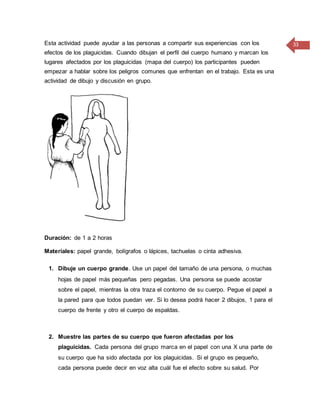 33Esta actividad puede ayudar a las personas a compartir sus experiencias con los
efectos de los plaguicidas. Cuando dibujan el perfil del cuerpo humano y marcan los
lugares afectados por los plaguicidas (mapa del cuerpo) los participantes pueden
empezar a hablar sobre los peligros comunes que enfrentan en el trabajo. Esta es una
actividad de dibujo y discusión en grupo.
Duración: de 1 a 2 horas
Materiales: papel grande, bolígrafos o lápices, tachuelas o cinta adhesiva.
1. Dibuje un cuerpo grande. Use un papel del tamaño de una persona, o muchas
hojas de papel más pequeñas pero pegadas. Una persona se puede acostar
sobre el papel, mientras la otra traza el contorno de su cuerpo. Pegue el papel a
la pared para que todos puedan ver. Si lo desea podrá hacer 2 dibujos, 1 para el
cuerpo de frente y otro el cuerpo de espaldas.
2. Muestre las partes de su cuerpo que fueron afectadas por los
plaguicidas. Cada persona del grupo marca en el papel con una X una parte de
su cuerpo que ha sido afectada por los plaguicidas. Si el grupo es pequeño,
cada persona puede decir en voz alta cuál fue el efecto sobre su salud. Por
 