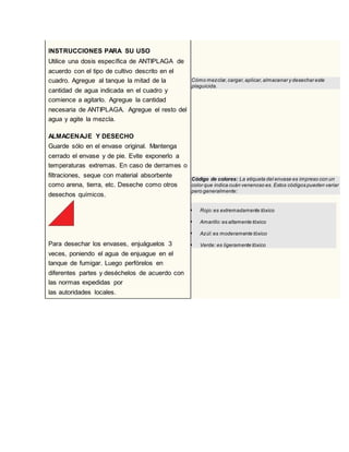 57INSTRUCCIONES PARA SU USO
Utilice una dosis específica de ANTIPLAGA de
acuerdo con el tipo de cultivo descrito en el
cuadro. Agregue al tanque la mitad de la
cantidad de agua indicada en el cuadro y
comience a agitarlo. Agregue la cantidad
necesaria de ANTIPLAGA. Agregue el resto del
agua y agite la mezcla.
Cómo mezclar,cargar,aplicar,almacenar y desechar este
plaguicida.
ALMACENAJE Y DESECHO
Guarde sólo en el envase original. Mantenga
cerrado el envase y de pie. Evite exponerlo a
temperaturas extremas. En caso de derrames o
filtraciones, seque con material absorbente
como arena, tierra, etc. Deseche como otros
desechos químicos.
Para desechar los envases, enjuáguelos 3
veces, poniendo el agua de enjuague en el
tanque de fumigar. Luego perfórelos en
diferentes partes y deséchelos de acuerdo con
las normas expedidas por
las autoridades locales.
Código de colores: La etiqueta del envase es impreso con un
color que indica cuán venenoso es. Estos códigos pueden variar
pero generalmente:
 Rojo:es extremadamente tóxico
 Amarillo:es altamente tóxico
 Azúl:es moderamente tóxico
 Verde: es ligeramente tóxico
 