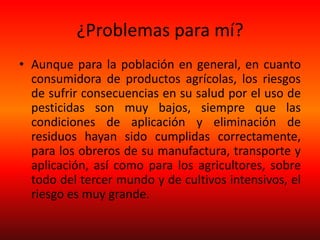 ¿Problemas para mí?
• Aunque para la población en general, en cuanto
consumidora de productos agrícolas, los riesgos
de sufrir consecuencias en su salud por el uso de
pesticidas son muy bajos, siempre que las
condiciones de aplicación y eliminación de
residuos hayan sido cumplidas correctamente,
para los obreros de su manufactura, transporte y
aplicación, así como para los agricultores, sobre
todo del tercer mundo y de cultivos intensivos, el
riesgo es muy grande.
 
