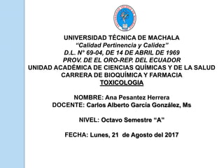 UNIVERSIDAD TÉCNICA DE MACHALA
“Calidad Pertinencia y Calidez”
D.L. N° 69-04, DE 14 DE ABRIL DE 1969
PROV. DE EL ORO-REP. DEL ECUADOR
UNIDAD ACADÉMICA DE CIENCIAS QUÍMICAS Y DE LA SALUD
CARRERA DE BIOQUÍMICA Y FARMACIA
TOXICOLOGIA
NOMBRE: Ana Pesantez Herrera
DOCENTE: Carlos Alberto García González, Ms
NIVEL: Octavo Semestre “A”
FECHA: Lunes, 21 de Agosto del 2017
 