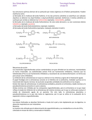 Dra. Estela Martin Toxicología Forense
2014 Unidad II
3
Sus estructuras químicas derivan de la sustitución por restos orgánicos en el fósforo pentavalente. Pueden
clasificarse como:
a) Derivados de la molécula del ácido fosfórico. Si los dos primeros oxhidrilos se esterifican con radicales
alquílicos se obtienen los alquil-fosfatos o alquil-pirofosfatos (ejemplo: dichlorvos). Si dichos oxhidrilos se
sustituyen por amidas se obtienen las fosforamidas (ejemplos: metamidofós, acefato).
b) Derivados de la molécula del ácido fosforotiónico: De este ácido derivarán a su vez numerosos ésteres
tiofosfóricos (ejemplo: paratión).
c) Derivados del ácido fosforotiolotiónico. (ejemplo: malatión).
d) Derivados del ácido fosforotiólico (ejemplos: malaoxón, demeton-S-metil.).
Mecanismo de acción
Los insecticidas organofosforados actúan combinándose con gran afinidad con las esterasas, inactivándolas
en forma irreversible. Los oxofosforados (enlces P=O) son fuertemente inhibidores, mientras que los
tiofosforados (P=S) no son fuertemente inhibidores y necesitarán de una biotransformación a la forma oxo
para actuar como inhibidores.
La inhibición de las colinesterasas es la que va a derivar en los síntomas y signos de la intoxicación aguda.
El papel fisiológico de la colinesterasa consiste en la hidrólisis de la acetilcolina, mediador químico en la
transmisión del impulso nervioso. Se acumulan así grandes cantidades de acetilcolina en las sinapsis.
Existen dos tipos de colinesterasas: la colinesterasa verdadera, presente en eritrocitos y tejido nervioso y la
pseudocolinesterasa presente en suero o plasma.
Ambas enzimas son inhibidas por los compuestos organofosforados, pero la eritrocitaria es la que mejor
refleja el estado de inhibición de la colinesterasa del sistema nervioso, por lo que se utiliza para evaluar el
estado de intoxicación aguda de un paciente. Por otro lado, la colinesterasa plasmática o
pseudocolinesterasa es la que más tarda en regenerarse, por lo que se utiliza en la evaluación de la
exposición crónica a organofosforados.
Absorción:
Los ésteres fosforados se absorben fácilmente a través de la piel y más rápidamente por vía digestiva. La
absorción respiratoria es casi instantánea.
Muestras
La muestra más utilizada para la determinación de organofosforados y sus metabolitos es orina de 24 hs,
colectada en envase de vidrio y conservada en heladera.
 
