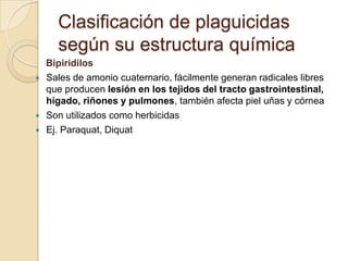 Clasificación de plaguicidas
      según su estructura química
    Bipiridilos
   Sales de amonio cuaternario, fácilmente generan radicales libres
    que producen lesión en los tejidos del tracto gastrointestinal,
    hígado, riñones y pulmones, también afecta piel uñas y córnea
   Son utilizados como herbicidas
   Ej. Paraquat, Diquat
 