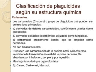 Clasificación de plaguicidas
       según su estructura química
    Carbamatos
   Los carbamatos (C) son otro grupo de plaguicidas que pueden ser
    de tres tipos principales:
   a) derivados de ésteres carbamatados, comúnmente usados como
    insecticidas;
   b) derivados del ácido tiocarbámico, utilizados como fungicidas,
   c) carbamatos propiamente dichos, que se emplean como
    herbicidas.
   No son bioacumulables.
   Producen una carbamilación de la enzima acetil colinesterasa,
    impidiendo la transmisión normal del impulso nervioso, Se
    absorben por inhalación, por piel y por ingestión.
   Más baja toxicidad que organofosfatos
   Ej: Carzol, Carbamult, Mesurol.
 