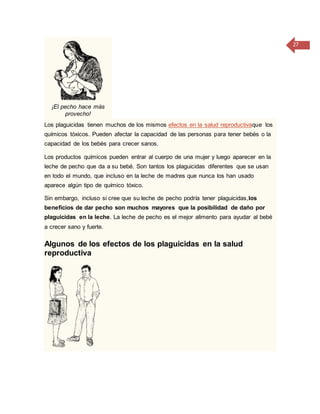 27
¡El pecho hace más
provecho!
Los plaguicidas tienen muchos de los mismos efectos en la salud reproductivaque los
químicos tóxicos. Pueden afectar la capacidad de las personas para tener bebés o la
capacidad de los bebés para crecer sanos.
Los productos químicos pueden entrar al cuerpo de una mujer y luego aparecer en la
leche de pecho que da a su bebé. Son tantos los plaguicidas diferentes que se usan
en todo el mundo, que incluso en la leche de madres que nunca los han usado
aparece algún tipo de químico tóxico.
Sin embargo, incluso si cree que su leche de pecho podría tener plaguicidas,los
beneficios de dar pecho son muchos mayores que la posibilidad de daño por
plaguicidas en la leche. La leche de pecho es el mejor alimento para ayudar al bebé
a crecer sano y fuerte.
Algunos de los efectos de los plaguicidas en la salud
reproductiva
 