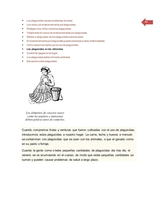 43 Los plaguicidas causan problemas de salud
 Los niños y el envenenamiento por plaguicidas
 Proteger a los niños contra los plaguicidas
 Tratamiento en casos de envenenamiento por plaguicidas
 Efectos a largo plazo de los plaguicidas sobre la salud
 El envenenamiento por plaguicidas puede parecerse a otras enfermedades
 Cómo reducir los daños por el uso de plaguicidas
 Los plaguicidas en los alimentos
 Control de plagas en el hogar
 Los plaguicidas dañan el medio ambiente
 Educación sobre plaguicidas
Los alimentos de cáscara suave
como los pepinos y manzanas
deben pelarse antes de comerlos.
Cuando compramos frutas y verduras que fueron cultivadas con el uso de plaguicidas,
introducimos estos plaguicidas a nuestro hogar. La carne, leche y huevos a menudo
se contaminan con plaguicidas que se usan con los animales, o que el ganado come
en su pasto o forraje.
Cuando la gente come o bebe pequeñas cantidades de plaguicidas día tras día, el
veneno se va acumulando en el cuerpo, de modo que estas pequeñas cantidades se
suman y pueden causar problemas de salud a largo plazo.
 