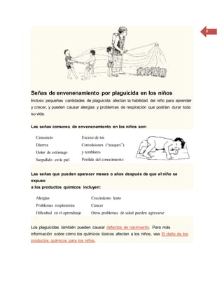 8
Señas de envenenamiento por plaguicida en los niños
Incluso pequeñas cantidades de plaguicida afectan la habilidad del niño para aprender
y crecer, y pueden causar alergias y problemas de respiración que podrían durar toda
su vida.
Las señas comunes de envenenamiento en los niños son:
 Cansancio
 Diarrea
 Dolor de estómago
 Sarpullido en la piel
 Exceso de tos
 Convulsiones (“ataques”)
y temblores
 Pérdida del conocimiento
Las señas que pueden aparecer meses o años después de que el niño se
expuso
a los productos químicos incluyen:
 Alergias
 Problemas respiratorios
 Dificultad en el aprendizaje
 Crecimiento lento
 Cáncer
 Otros problemas de salud pueden agravarse
Los plaguicidas también pueden causar defectos de nacimiento. Para más
información sobre cómo los químicos tóxicos afectan a los niños, vea El daño de los
productos químicos para los niños.
 