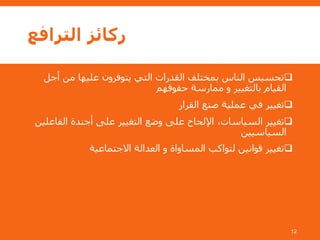 ‫الترافع‬ ‫ركائز‬
‫أج‬ ‫من‬ ‫عليها‬ ‫يتوفرون‬ ‫التي‬ ‫القدرات‬ ‫بمختلف‬ ‫الناس‬ ‫تحسيس‬‫ل‬
‫حقوقهم‬ ‫ممارسة‬ ‫و‬ ‫بالتغيير‬ ‫القيام‬
‫القرار‬ ‫صنع‬ ‫عملية‬ ‫في‬ ‫تغيير‬
‫الف‬ ‫أجندة‬ ‫على‬ ‫التغيير‬ ‫وضع‬ ‫على‬ ‫اإللحاح‬ ،‫السياسات‬ ‫تغيير‬‫اعلين‬
‫السياسيين‬
‫االجتماعية‬ ‫العدالة‬ ‫و‬ ‫المساواة‬ ‫لتواكب‬ ‫قوانين‬ ‫تغيير‬
12
 
