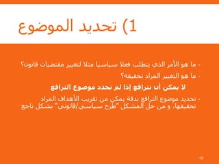 1)‫الموضوع‬ ‫تحديد‬
-‫مقتضي‬ ‫لتغيير‬ ‫مثال‬ ‫سياسيا‬ ‫فعال‬ ‫يتطلب‬ ‫الذي‬ ‫األمر‬ ‫هو‬ ‫ما‬‫قانون؟‬ ‫ات‬
-‫تحقيقه؟‬ ‫المراد‬ ‫التغيير‬ ‫هو‬ ‫ما‬
‫الترافع‬ ‫موضوع‬ ‫نحدد‬ ‫لم‬ ‫إذا‬ ‫نترافع‬ ‫أن‬ ‫يمكن‬ ‫ال‬
-‫المراد‬ ‫األهداف‬ ‫تقريب‬ ‫من‬ ‫يمكن‬ ‫بدقة‬ ‫الترافع‬ ‫موضوع‬ ‫تحديد‬
‫حل‬ ‫من‬ ‫و‬ ،‫تحقيقها‬‫المشكل‬”‫سياسي‬ ‫طرح‬/‫قانوني‬“‫ناج‬ ‫بشكل‬‫ع‬
15
 