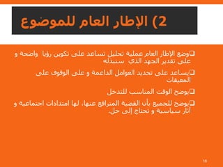 2)‫للموضوع‬ ‫العام‬ ‫اإلطار‬
‫واض‬ ‫رؤيا‬ ‫تكوين‬ ‫على‬ ‫تساعد‬ ‫تحليل‬ ‫عملية‬ ‫العام‬ ‫اإلطار‬ ‫وضع‬‫و‬ ‫حة‬
‫سنبذله‬ ‫الذي‬ ‫الجهد‬ ‫تقدير‬ ‫على‬
‫على‬ ‫الوقوف‬ ‫على‬ ‫و‬ ‫الداعمة‬ ‫العوامل‬ ‫تحديد‬ ‫على‬ ‫يساعد‬
‫المعيقات‬
‫للتدخل‬ ‫المناسب‬ ‫الوقت‬ ‫يوضح‬
‫اجتم‬ ‫امتدادات‬ ‫لها‬ ،‫عنها‬ ‫المترافع‬ ‫القضية‬ ‫بأن‬ ‫للجميع‬ ‫يوضح‬‫و‬ ‫اعية‬
‫حل‬ ‫إلى‬ ‫تحتاج‬ ‫و‬ ‫سياسية‬ ‫آثار‬.
16
 