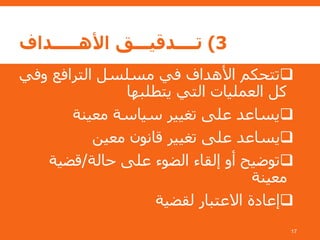 3)‫األهـــــداف‬ ‫تــــدقيـــق‬
‫وفي‬ ‫الترافع‬ ‫مسلسل‬ ‫في‬ ‫األهداف‬ ‫تتحكم‬
‫يتطلبها‬ ‫التي‬ ‫العمليات‬ ‫كل‬
‫معينة‬ ‫سياسة‬ ‫تغيير‬ ‫على‬ ‫يساعد‬
‫معين‬ ‫قانون‬ ‫تغيير‬ ‫على‬ ‫يساعد‬
‫حالة‬ ‫على‬ ‫الضوء‬ ‫إلقاء‬ ‫أو‬ ‫توضيح‬/‫قضية‬
‫معينة‬
‫لقضية‬ ‫االعتبار‬ ‫إعادة‬
17
 