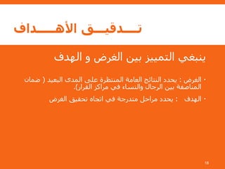 ‫األهـــــداف‬ ‫تــــدقيـــق‬
‫الهدف‬ ‫و‬ ‫الغرض‬ ‫بين‬ ‫التمييز‬ ‫ينبغي‬
‫الغرض‬:‫البعيد‬ ‫المدى‬ ‫على‬ ‫المنتظرة‬ ‫العامة‬ ‫النتائج‬ ‫يحدد‬(‫ض‬‫مان‬
‫القرار‬ ‫مراكز‬ ‫في‬ ‫والنساء‬ ‫الرجال‬ ‫بين‬ ‫المناصفة‬.)
‫الهدف‬:‫الغرض‬ ‫تحقيق‬ ‫اتجاه‬ ‫في‬ ‫متدرجة‬ ‫مراحل‬ ‫يحدد‬
18
 