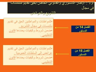 ‫أوال‬:‫ملتمسات‬ ‫تقديم‬ ‫بحق‬ ‫الخاص‬ ‫والقانوني‬ ‫الدستوري‬ ‫اإلطار‬
‫مجال‬ ‫في‬
‫والعرائض‬ ‫التشريع‬
‫الفصل‬14‫من‬
‫الدستور‬
‫الفصل‬15‫من‬
‫الدستور‬
•‫تق‬ ‫في‬ ‫الحق‬ ‫والمواطنين‬ ‫للمواطنات‬‫ديم‬
‫التشريع‬ ‫مجال‬ ‫في‬ ‫ملتمسات‬.
•‫يحددها‬ ‫وكيفيات‬ ‫شروط‬ ‫ضمن‬‫قانون‬
‫التنظيمي‬.
•‫تقد‬ ‫في‬ ‫الحق‬ ‫والمواطنين‬ ‫للمواطنات‬‫يم‬
‫العمومية‬ ‫السلطات‬ ‫إلى‬ ‫عرائض‬.
•‫يحددها‬ ‫وكيفيات‬ ‫شروط‬ ‫ضمن‬‫قانون‬
‫التنظيمي‬.
 
