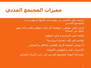 ‫المدني‬ ‫المجتمع‬ ‫مميزات‬
‫مؤسسات‬ ‫و‬ ‫الدولة‬ ‫مؤسسات‬ ‫بين‬ ‫التمييز‬ ‫على‬ ‫حرصه‬
‫المدني‬ ‫المجتمع‬
‫مواطن‬ ‫الفرد‬ ‫اعتبار‬/‫ب‬ ‫بذاته‬ ‫قائم‬ ‫حقوقي‬ ‫كيان‬ ‫أي‬ ‫مواطنة‬‫غض‬
‫انتمائه‬ ‫عن‬ ‫النظر‬
‫التطوع‬ ‫على‬ ‫و‬ ‫المبادرة‬ ‫على‬ ‫قيامه‬
‫سياسية‬ ‫تعددية‬ ‫قلب‬ ‫في‬ ‫تواجده‬
‫التضامن‬ ‫و‬ ‫التكافل‬ ‫بالعكس‬ ‫الربح‬ ‫أعضاءه‬ ‫يتوخى‬ ‫ال‬
‫ألعضائه‬ ‫الطوعي‬ ‫و‬ ‫الحر‬ ‫االنتساب‬
‫المحلي‬ ‫الشأن‬ ‫تدبير‬ ‫في‬ ‫المدني‬ ‫المجتمع‬ ‫أعضاء‬ ‫مشاركة‬
6
 