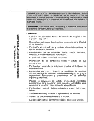 96
Finalidad: que los niños y las niñas participen en actividades recreativas
y deportivas como parte del desarrollo del ser humano, donde se
manifiesten el trabajo colectivo, la autoconfianza y perseverancia, como
valores que contribuyan a la formación de un ser social con respeto a la
diversidad cultural.
Componente: la educación física, el deporte y la recreación como medio
de desarrollo perceptivo, físico y socio-motriz.
ÁREADEAPRENDIZAJE:
EDUCACIÓNFÍSICA,DEPORTESYRECREACIÓN
Con
rporales.
• cualidades físicas: fuerza, flexibilidad,
•
• de actividades grupales e individuales de
• y dirección de actividades de movilidad
articular y elongación muscular. Niveles de complejidad en juegos
cognoscitivos tradicionales y predeportivos en los diferentes
espacios y ambientes.
• Práctica de actividades de carácter predeportivos Actividades
predeportivas para incorporar otros deportes. Actividades para
concienciar a los niños y niñas acerca del valor del juego.
• Planificación y desarrollo de juegos deportivos: voleibol, baloncesto,
béisbol.
• Actividades teóricas y prácticas el reglamento de los deportes.
• Visitas a las comunidades aledañas a la escuela.
• Expresión corporal que permitan la detección de posibles talentos.
tenidos
• Ejecución de actividades físicas de estiramiento dirigidas a los
segmentos co
• Desarrollo de actividades de estiramiento incrementando la dificultad
de los ejercicios.
• Ejercitación a través del trote y caminata alterna-trote continuo. La
carrera a intervalos de tiempo.
Fortalecimiento de las
velocidad. Resistencia aeróbica y anaeróbica.
La expresión corporal en diversas situaciones.
• Potenciación de las condiciones físicas y estudio de sus
componentes.
Planificación y desarrollo
capacidad física.
Planificación, ejecución
 
