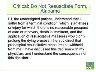 Critical: Do Not Resuscitate Form,
Alabama
I. I, the undersigned patient, understand that I
suffer from a terminal condition, which is an illness
or injury for which there is no reasonable prospect
of cure or recovery, death is imminent, and the
application of resuscitative measures would only
prolong the dying process. I hereby direct that
prehospital resuscitative measures be withheld
from me. I have discussed this decision with my
physician, and I understand the consequences of
this decision.

 