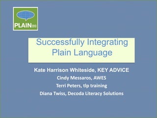 Successfully Integrating
Plain Language
Kate Harrison Whiteside, KEY ADVICE
Cindy Messaros, AWES
Terri Peters, tlp training
Diana Twiss, Decoda Literacy Solutions

 