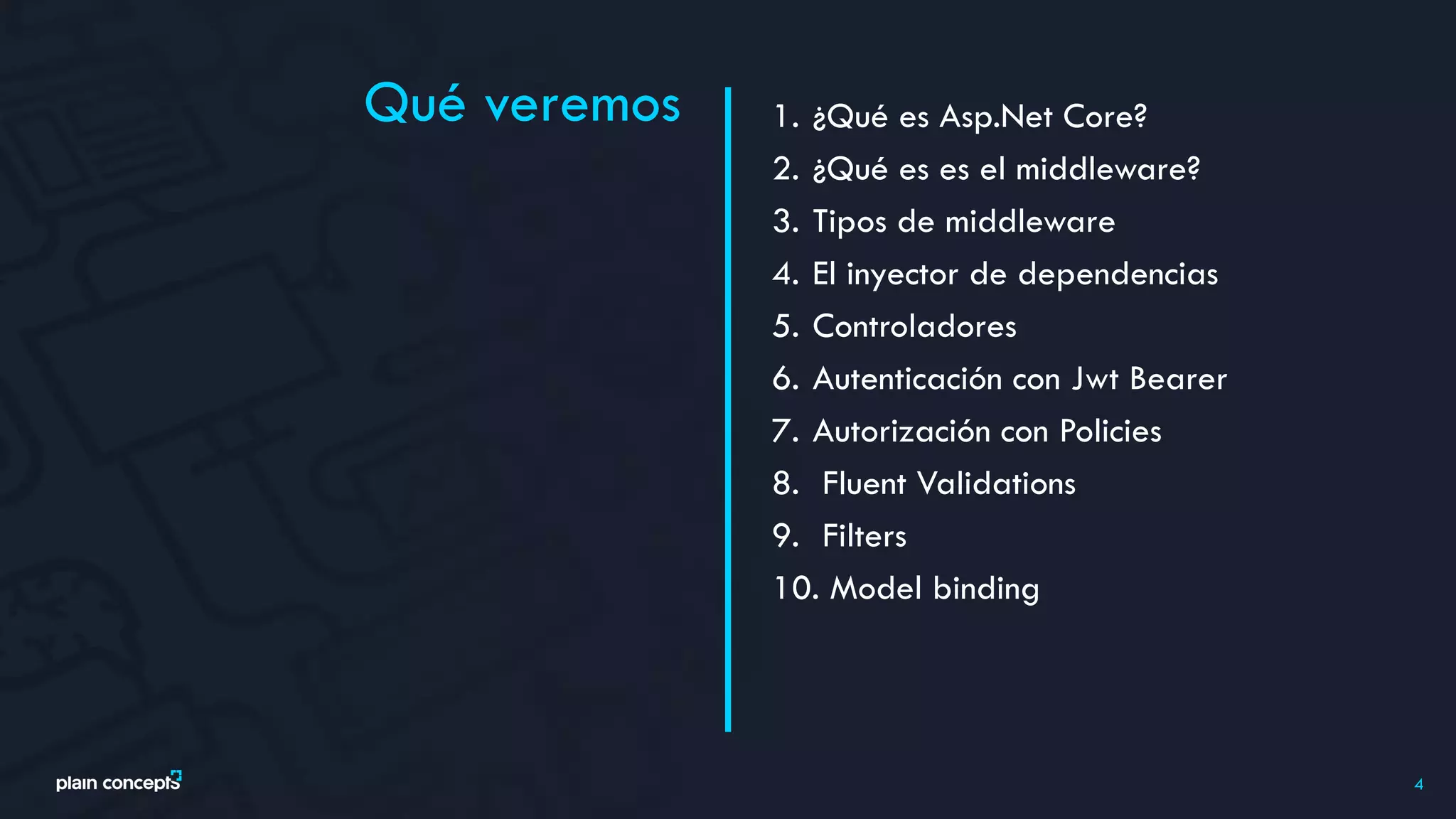 Qué veremos
4
1. ¿Qué es Asp.Net Core?
2. ¿Qué es es el middleware?
3. Tipos de middleware
4. El inyector de dependencias
5. Controladores
6. Autenticación con Jwt Bearer
7. Autorización con Policies
8. Fluent Validations
9. Filters
10. Model binding
 