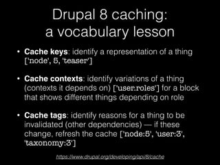Drupal 8 caching: 
a vocabulary lesson
• Cache keys: identify a representation of a thing
['node', 5, 'teaser']
• Cache contexts: identify variations of a thing
(contexts it depends on) ['user.roles'] for a block
that shows different things depending on role
• Cache tags: identify reasons for a thing to be
invalidated (other dependencies) — if these
change, refresh the cache ['node:5', 'user:3',
'taxonomy:3']
https://www.drupal.org/developing/api/8/cache
 