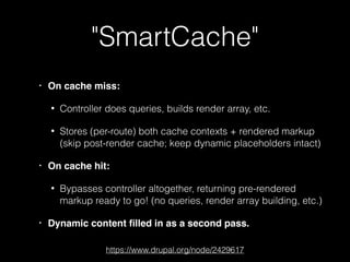 "SmartCache"
• On cache miss:
• Controller does queries, builds render array, etc.
• Stores (per-route) both cache contexts + rendered markup
(skip post-render cache; keep dynamic placeholders intact)
• On cache hit:
• Bypasses controller altogether, returning pre-rendered
markup ready to go! (no queries, render array building, etc.)
• Dynamic content ﬁlled in as a second pass.
https://www.drupal.org/node/2429617
 