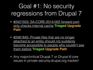Goal #1: No security
regressions from Drupal 7
• #2421503: SA-CORE-2014-002 forward port
only checks internal cache Triaged Upgrade
Path
• #2461845: Private ﬁles that are no longer
attached to an entity should not suddenly
become accessible to people who couldn't see
them before Triaged Upgrade Path
• Any major/critical Drupal 7 or Drupal 6 core
issues in private security.drupal.org tracker!
 