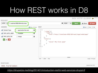 How REST works in D8
https://drupalize.me/blog/201401/introduction-restful-web-services-drupal-8
 