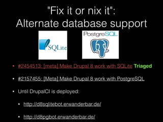 "Fix it or nix it": 
Alternate database support
• #2454513: [meta] Make Drupal 8 work with SQLite Triaged
• #2157455: [Meta] Make Drupal 8 work with PostgreSQL
• Until DrupalCI is deployed:
• http://d8sqlitebot.erwanderbar.de/
• http://d8pgbot.erwanderbar.de/
 