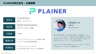 © 2024 PLAINER Co., Ltd. 3
PLAINER株式会社：企業概要
上智⼤学法学部卒業後、freee株式会社に新卒⼊社。初期配属のインサイド
セールスチームで、50名中トップの成績を残した後、事業戦略として計画/戦
略の策定...