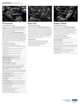 MUSTANG Optional Features




GT Premium                                                       Boss® 302                                                              Shelby® GT500®
Available Equipment Groups                                       Available Equipment Group                                              Available Equipment Group
Equipment Group 401A – Premier Trim With Color Accent            Equipment Group 501A – Laguna Seca Package includes                    Equipment Group 821A – SVT Performance Package
Package includes Charcoal Black interior environment with        19" x 9" front and 19" x 10" rear Sterling Gray-painted machined       includes 3.31:1 gear ratio with TORSEN limited-slip rear
color-accented seats, unique door trim with bright Pony          aluminum wheels with Pirelli™ P Zero™ Corsa R-compound                 differential; 19" x 9.5" painted forged-aluminum front wheels
badge, aluminum shift knob and dark-aluminum instrument          competition performance tires; 3.73:1 gear ratio with TORSEN®          with P265/40R19 tires; 20" x 9.5" painted forged-aluminum
panel (n/a with exterior stripes)                                helical rear differential; unique rear springs and larger stabilizer   rear wheels with P285/35R20 tires; unique rear springs;
Equipment Group 402A – California Special Edition                bar; front brake cooling ducts and front air splitter (installation    unique rear shocks; unique shift knob; Bilstein™ adjustable
includes unique black billet-style grille, unique lower fascia   required); rear seat delete with cross-car X-brace; RECARO Sport       dampers; and unique instrument cluster
with fog lamps and air splitter, 19" black-painted machined      cloth bucket seats with Dove Gray “BOSS 302” embroidered
aluminum wheels with P245/45R19 tires, GT/CS side and hood       logo; and low-gloss reflective Sterling Gray hood and side             Available Options & Packages
stripes, black hood vents, unique decklid badge with name in
faux gas cap, unique instrument panel finish and door-panel      stripes, mirror caps and rear spoiler                                  Driver and front-passenger heated front seats
inserts, leather-trimmed front bucket seats with Miko® Suede                                                                            (n/a with RECARO Sport seats or 821A)
inserts, premium carpeted front floor mats with embroidered      Available Options
                                                                                                                                        Electronics Package
logo, rear diffuser-style lower fascia, pedestal rear spoiler,   RECARO Sport cloth front bucket seats with manual
and side scoops                                                  adjustment and gray “BOSS 302” embroidered logo,                       Glass roof (coupe only)
                                                                 and TORSEN helical differential (n/a with 501A)                        RECARO Sport leather-trimmed front bucket seats
Available Options & Packages                                                                                                            with manual adjustment
                                                                 Boss 302 car cover and carpeted floor mats
18" polished aluminum wheels (n/a with 402A)                     (includes “BOSS 302” name)                                             Shaker Pro Audio System with AM/FM stereo/single-CD player
19" machined aluminum wheels with black-painted windows                                                                                 with MP3 capability, and 9 speakers including 3 subwoofers
(n/a with 402A)                                                                                                                         Shelby GT500 car cover
19" premium Luster Nickel-painted aluminum wheels                                                                                       SVT Track Pack includes external engine oil cooler,
(n/a with 402A)
                                                                                                                                        transmission cooler pump, differential cooler and brake
3.55:1 gear ratio with limited-slip rear differential                                                                                   cooling ducts (coupe only; requires 821A)
(manual coupe)
                                                                                                                                        Tape stripe delete
3.73:1 gear ratio with limited-slip rear differential
(manual coupe)
6-speed SelectShift Automatic® transmission
Brembo™ Brake Package (n/a with 402A)
Comfort Package (n/a with RECARO® seats)
Electronics Package
Glass roof (coupe only)
GT Track Package (n/a with 402A)
Rear view camera (n/a with 402A)
RECARO Sport leather-trimmed front bucket seats with
manual adjustment (coupe only; n/a with 401A or 402A)
Reverse Sensing System & Security Package
(n/a with 402A)
Shaker™ Pro Audio System with AM/FM stereo/single-CD player
with MP3 capability, and 9 speakers including 3 subwoofers
Spoiler delete (n/a with 402A)
GT Coupe Package 1 includes side scoops and quarter
window louvers (n/a with 402A)
GT Convertible Package 2 includes side scoops
(n/a with 402A)
GT Package 4 includes rear pedestal-mount spoiler
(n/a with 402A)
GT Coupe Package 5 includes rear pedestal-mount spoiler,
side scoops and quarter window louvers (n/a with 402A)
GT Convertible Package 6 includes rear pedestal-mount
spoiler and side scoops (n/a with 402A, rear view camera or
GT Convertible Package 2)
All-weather floor mats
GT California Special car cover (402A only)
Hood and side stripes (400A only)
Over-the-top stripe (400A only)
Remote start systems (automatic only)




                                                                                                                                                              2013 MUSTANG
                                                                                                                                                                        ford.com
 
