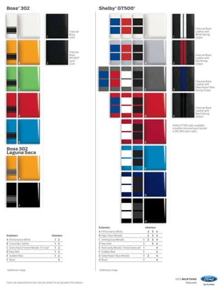 Boss® 302                                                                        Shelby® GT500®



                                                                                                                                                                Charcoal Black
                                                               Charcoal                                                                                         Leather with
                                                               Black                                                                                            White Racing
              A                         1                      Cloth                                                          A             1                   Stripes




                                                               Charcoal
                                                               Black                                                                                            Charcoal Black
                                                               RECARO®                                                                                          Leather with
                                                               Sport                                                                                            Red Racing
              B                         2                      Cloth                                                          B             2                   Stripes




                                                                                                                                                                Charcoal Black
                                                                                                                                                                Leather with
                                                                                                                                                                Deep Impact Blue
              C                                                                                                               C             3                   Racing Stripes




                                                                                                                                                                Charcoal Black
                                                                                                                                                                Leather with
                                                                                                                                                                Black Racing
              D                                                                                                               D             4                   Stripes1


                                                                                                                                            Shelby GT500 seats available
                                                                                                                                            in leather-trimmed sport bucket
                                                                                                                                            or RECARO sport seats.


              E                                                                                                               E

Boss 302
Laguna Seca
  g


                                                                                                                              F


              B




                                                                                                                              G



              F




                                                                                                                              H

                                                                                 Exteriors                                    Interiors
                                                                                 A Performance White                            2 3 4
Exteriors                                Interiors                               B Ingot Silver Metallic                        2 3 4
A Performance White                        1 2                                   C Sterling Gray Metallic                 1     2 3 4
B School Bus Yellow                        1 2                                   D Race Red                               1         3 4
C Gotta Have It Green Metallic Tri-Coat1   1 2                                   E Red Candy Metallic Tinted Clearcoat1   1             4
D Race Red                                 1 2                                   F Grabber Blue                           1             4
E Grabber Blue                             1 2                                   G Deep Impact Blue Metallic              1     2       4
F Black                                        2                                 H Black                                  1             4


1                                                                                1
    Additional charge.                                                               Additional charge.


                                                                                                                                                2013 MUSTANG
Colors are representative only. See your dealer for actual paint/trim options.                                                                          ford.com
 