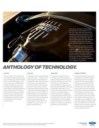 How do you produce outstanding
                                                                                                                                        horsepower in every engine across
                                                                                                                                        the line? Start with one passionate
                                                                                                                                        development team and some of the
                                                                                                                                        industry’s most advanced powertrain
                                                                                                                                        technologies. Our engineers, each a
                                                                                                                                        Mustang enthusiast, brought different
                                                                                                                                        innovations to the party to produce
                                                                                                                                        these already-legendary powerplants.

                                                                                                                                        Twin independent variable camshaft
                                                                                                                                        timing, cast-aluminum engine blocks,
                                                                                                                                        cold air induction, dual overhead cams
                                                                                                                                        and cylinder heads optimized for airflow
                                                                                                                                        are just a few of the ways we deliver
                                                                                                                                        power and low-end torque. Pick your
                                                                                                                                        Mustang, and open up the hood, or
                                                                                                                                        the throttle, on an honest-to-badness
                                                                                                                                        technological masterpiece.




ANTHOLOGY OF TECHNOLOGY.
     3.7L V6                                           5.0L V8                                            Boss 302                               Shelby® GT500®

     The all-aluminum 3.7L V6 is the                   The goal for the 5.0L development                  To build an engine worthy of           The most powerful production
     first engine to deliver 305 hp and                team was clear – 400 hp. Ti-VCT                    the Boss name, the powertrain          V8 engine3 in the world doesn’t
     up to 31 mpg hwy.1 A DOHC design                  technology was instrumental in                     team started with GT’s 5.0L as a       happen by accident. A larger,
     with Ti-VCT technology, it uses                   hitting that mark, but there’s more                baseline, then got to work. Every      more efficient supercharger is
     2 camshafts per cylinder bank.                    to the story, including tubular                    component was analyzed,                the key to producing 650 hp2
     Intake and exhaust cams can                       exhaust headers, fabricated to                     then modified to make sure the         and 600 lb.-ft. of torque,2 but
     be advanced independently of                      produce more power. Cylinder                       Boss 302 could withstand all-day       it takes more than that. Nearly
     each other, providing exceptional                 heads were optimized and a new                     thrashing all the way up to its        every powertrain part has been
     valve timing control. This helps                  intake manifold was designed to                    7,400 rpm redline. Improvements        optimized to deliver the additional
     eliminate induction and exhaust                   bring more air into the engine. A                  abound, including forged-              horsepower, including a new
     compromises, and allows the                       high-energy coil-on-plug ignition                  aluminum pistons, upgraded             cross-drilled block and heads
     engine to deliver key benefits                    was selected for more efficient                    connecting rods, revised oil pan       and updated camshaft profiles.
     including low-end torque, peak                    combustion. After incorporating                    baffling and much more. Without        The entire cooling system has
     horsepower and increased                          lessons learned during the                         the benefit of a supercharger,         been significantly updated on the
     fuel economy.                                     development of the Boss® 302                       the Boss delivers 444 hp 2 and         new 5.8L engine, including a larger
                                                       engine, the results were in: a                     380 lb.-ft. of torque,2 plus all the   fan, a more efficient air cooler, a
                                                       goal-clearing 420 hp.2                             reliability of a Mustang GT.           higher-flow intercooler pump and
                                                                                                                                                 an intercooler heat exchanger
                                                                                                                                                 with increased volume.




1
    EPA-estimated 19 city/31 hwy/23 combined mpg, coupe automatic. 2 Figures achieved using premium unleaded fuel.                                   2013 MUSTANG
3
    Based on current production models and manufacturer horsepower data. Coming Summer 2012.                                                                 ford.com
 