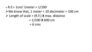  R.F.= 1cm/ 1meter = 1/100
We know that, 1 meter = 10 decimeter = 100 cm
 Length of scale = (R.F.) X max. distance
= 1/100 X 600 cm
= 6 cms
 