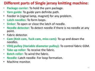 Different parts of Single jersey knitting machine:
• Package carrier: To hold the yarn package.
• Yarn guide: To guide yarn definite path.
• Feeder in (signal lamp, magnet) for any problem.
• Latch needles: To form loops.
• Sinker: To open or close the latch of needle.
• Needle detector: To detect needle if there is no needle at any
point.
• Fabric detector.
• Cam (Knit cam, Tuck cam, miss cam): To up and down the
needles.
• VDQ pulley (Variable diameter pulley): To control fabric GSM.
• Take up roller: To receive the fabric.
• Batch roller: To wind the fabric.
• Needle: Latch needle: For loop formation.
• Machine monitor.
17
 