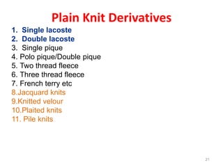 Plain Knit Derivatives
21
1. Single lacoste
2. Double lacoste
3. Single pique
4. Polo pique/Double pique
5. Two thread fleece
6. Three thread fleece
7. French terry etc
8.Jacquard knits
9.Knitted velour
10.Plaited knits
11. Pile knits
 